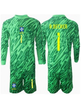 Brasilien Alisson Becker #1 Målvakt Replika Hemmakläder Barn Copa America 2024 Långärmad (+ byxor)